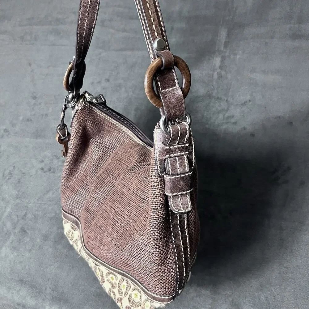 FOSSIL Woven Brown Textile / Leather Curved Hobo Shoulder Bag